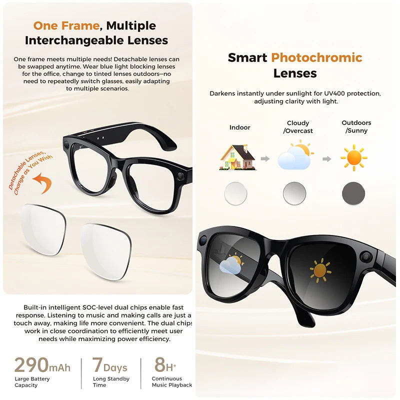2026 4K HD AI Smart Glasses 32GB Storage 800MP Camera WiFi Transfer BT Call Chat GPT Voice Assistant with 3600mAh Charging Case