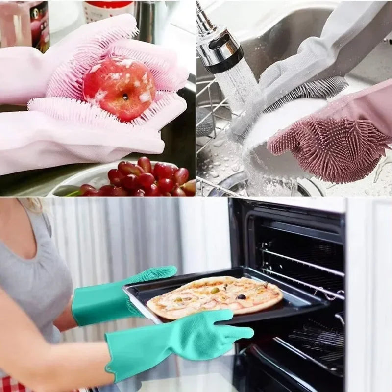 1pc Silicone Dishwashing Gloves Cleaning Gloves Silicone Rubber Sponge Gloves Scrubber Kitchen Cleaning Tools Pet Bath Gloves