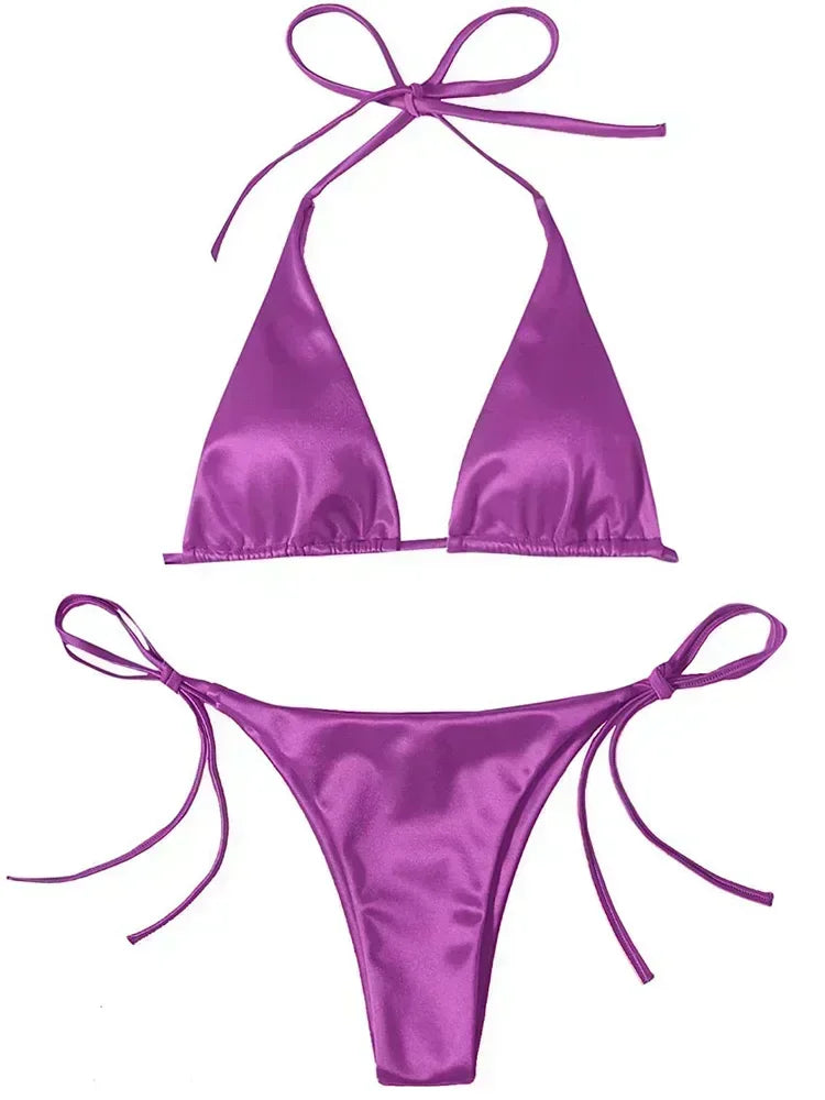 Halter Brazilian Metallic Satin Bikini Women Swimwear Female Swimsuit Two-pieces Bikini Set High Cut Bathing Suit Swim Beachwear