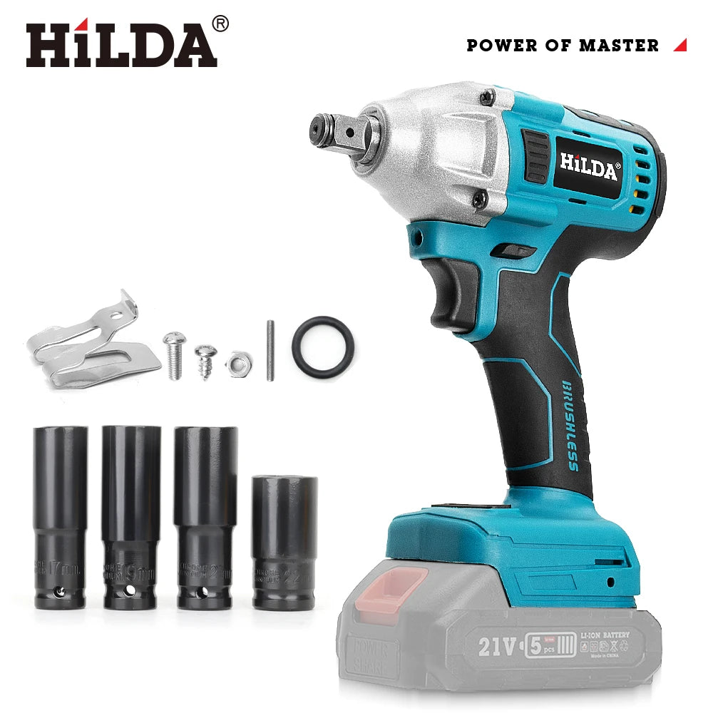 HILDA 1/2" Cordless Impact Wrench Brushless Electric Wrench LED Light Power Tool for Scaffolding Tire Repair for Makita Battery