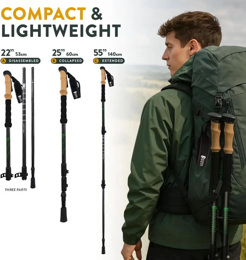 Ultra Light Carbon Fiber Trekking Poles - Cork & EVA Grips, Quick Flip Locks, 24-55" Adjustable