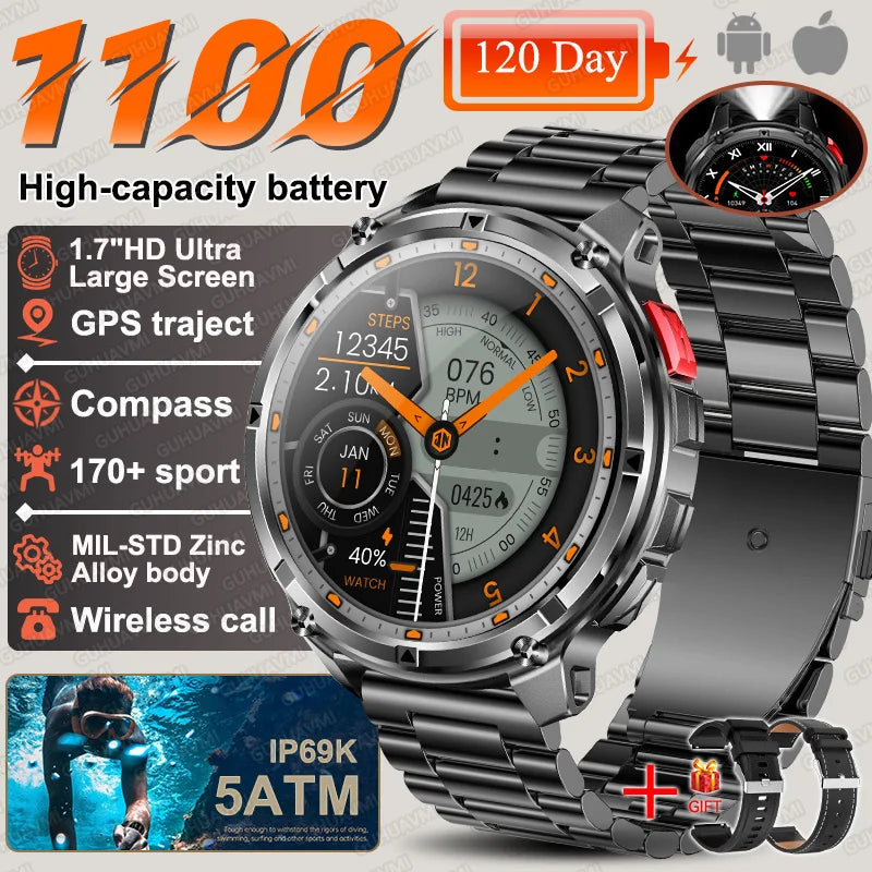 2026 New T-Rex3 Ultra 1100mAh SmartWatch Men 1.7"AMOLED GPS path 5ATM Waterproof Compass LED Flashlight NASA Military Smartwatch