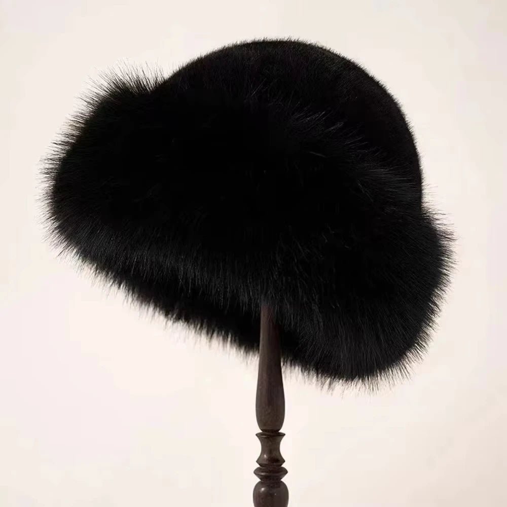 Women Luxury Winter Faux-mink Fur Mongolian Hat Thick Warm Round Top Cold-proof Outdoor Thicken Plush Soft Fashion Snow Caps