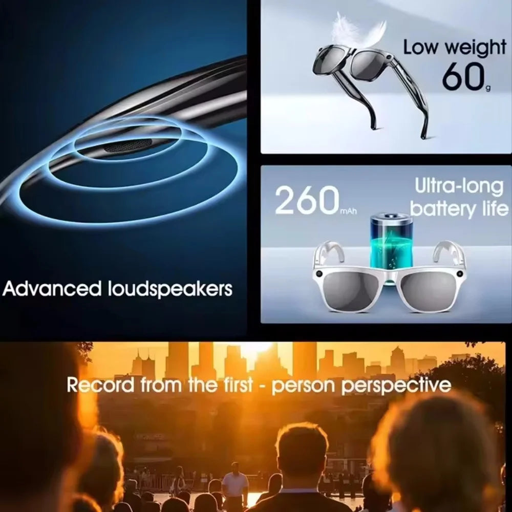 Smart Glasses AI Camera HD Wearable Mini Camera Bluetooth Voice Assistant Control Video Photo Recorder With Touch Botton