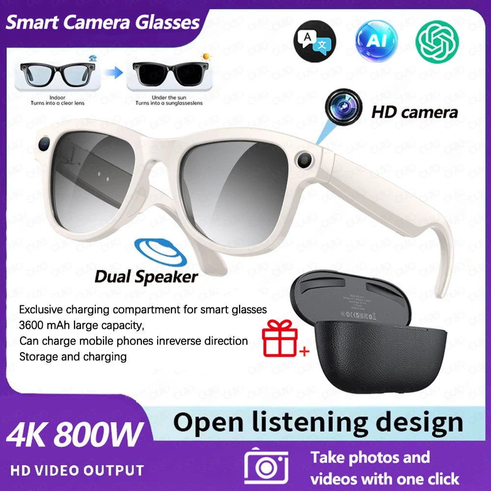 2026 4K HD AI Smart Glasses 32GB Storage 800MP Camera WiFi Transfer BT Call Chat GPT Voice Assistant with 3600mAh Charging Case