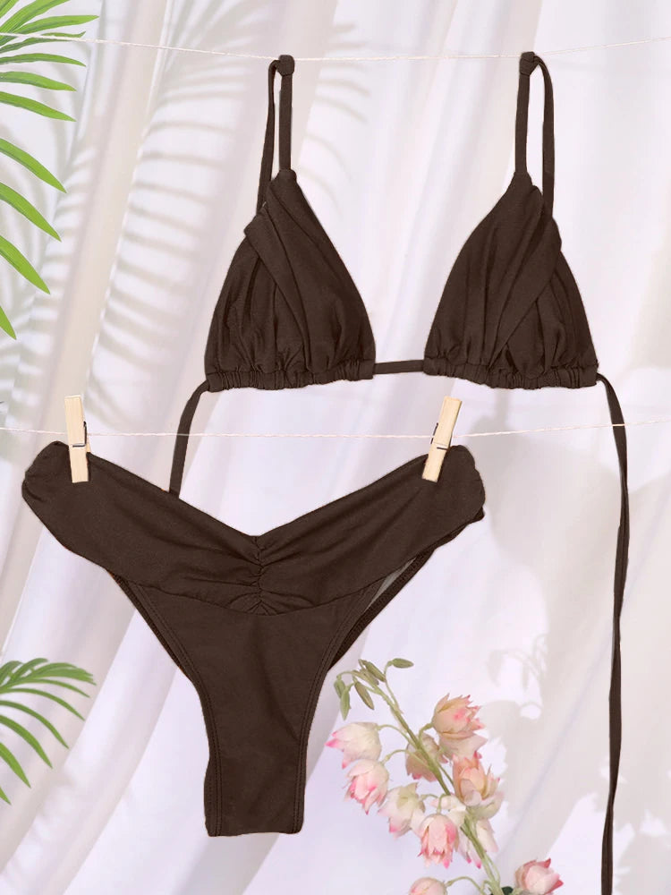 Sexy Folds Bikini Set Solid Micro Bikinis Women Swimsuit Female Triangle Swimwear Beach Wear Bathing Suit