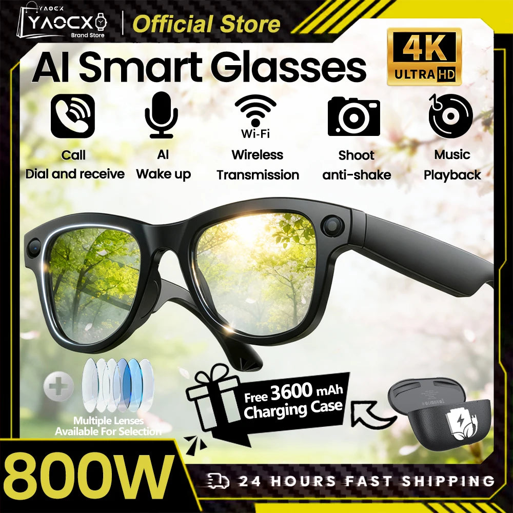 2026 4K HD AI Smart Glasses 32GB Storage 800MP Camera WiFi Transfer BT Call Chat GPT Voice Assistant with 3600mAh Charging Case