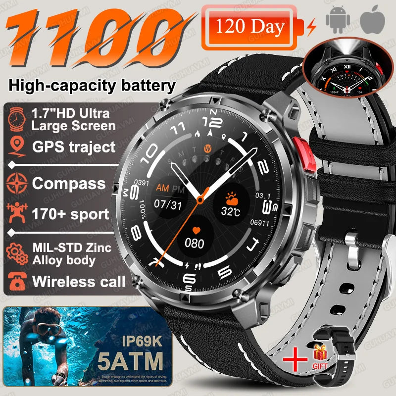 2026 New T-Rex3 Ultra 1100mAh SmartWatch Men 1.7"AMOLED GPS path 5ATM Waterproof Compass LED Flashlight NASA Military Smartwatch