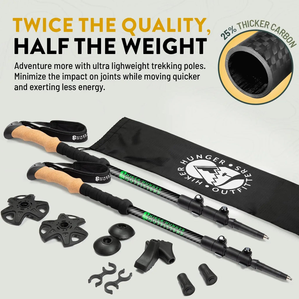Ultra Light Carbon Fiber Trekking Poles - Cork & EVA Grips, Quick Flip Locks, 24-55" Adjustable