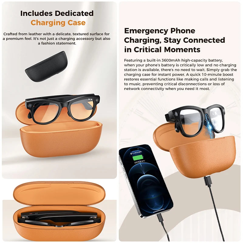 2026 4K HD AI Smart Glasses 32GB Storage 800MP Camera WiFi Transfer BT Call Chat GPT Voice Assistant with 3600mAh Charging Case