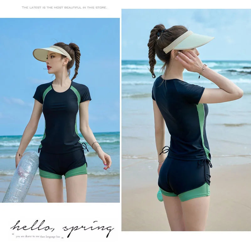 Women 2 Piece Rash Guard Shirt With Boy Shorts Short Sleeve Zipper Swimsuit Sun UV Protect Bathing Suit Swimwear