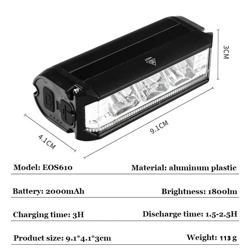 1800LM 3 Led MTB Bicycle Lights 2000MAH Rechargeable Bike Light Flashlight Outdoor Cycling Bike Accessories for Electric Scooter