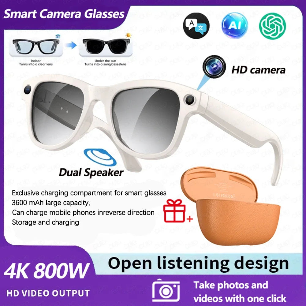 2026 4K HD AI Smart Glasses 32GB Storage 800MP Camera WiFi Transfer BT Call Chat GPT Voice Assistant with 3600mAh Charging Case