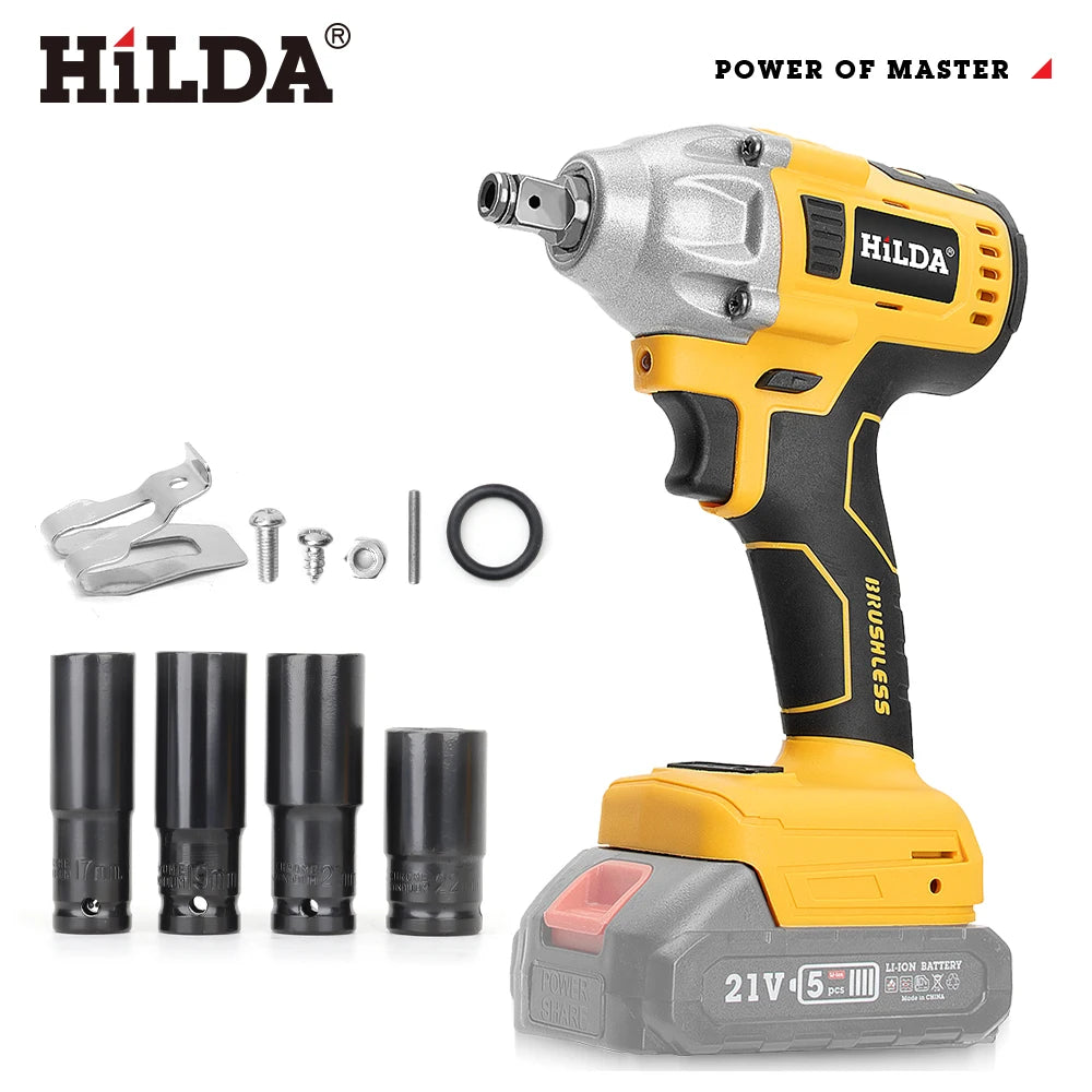 HILDA 1/2" Cordless Impact Wrench Brushless Electric Wrench LED Light Power Tool for Scaffolding Tire Repair for Makita Battery