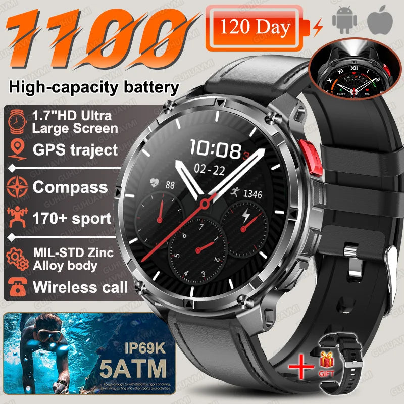 2026 New T-Rex3 Ultra 1100mAh SmartWatch Men 1.7"AMOLED GPS path 5ATM Waterproof Compass LED Flashlight NASA Military Smartwatch