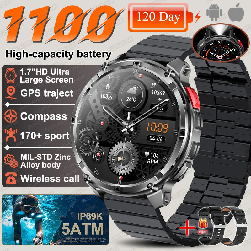 2026 New T-Rex3 Ultra 1100mAh SmartWatch Men 1.7"AMOLED GPS path 5ATM Waterproof Compass LED Flashlight NASA Military Smartwatch