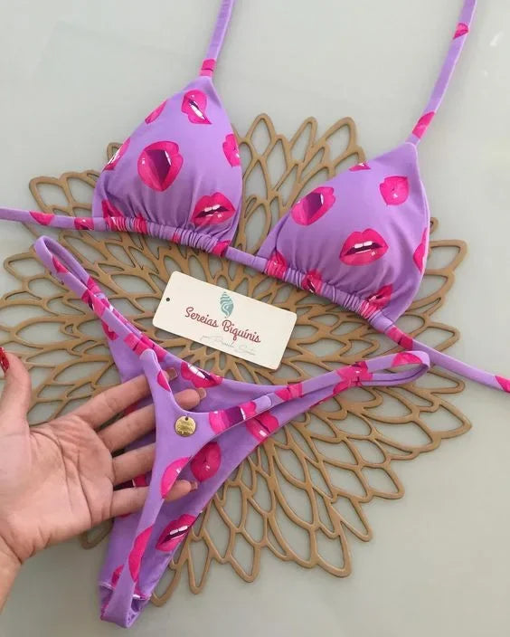 Print Sexy Bikini Sets Halter Lace-up Tops Thongs Beach Style Bathing Suit Y2k Swimsuits Women Beachwear Купальник Женский 2025