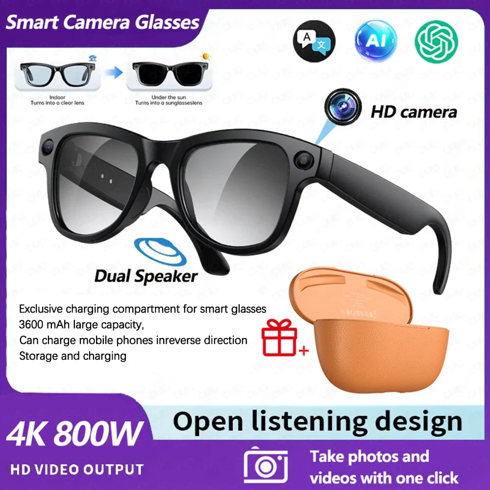 2026 4K HD AI Smart Glasses 32GB Storage 800MP Camera WiFi Transfer BT Call Chat GPT Voice Assistant with 3600mAh Charging Case