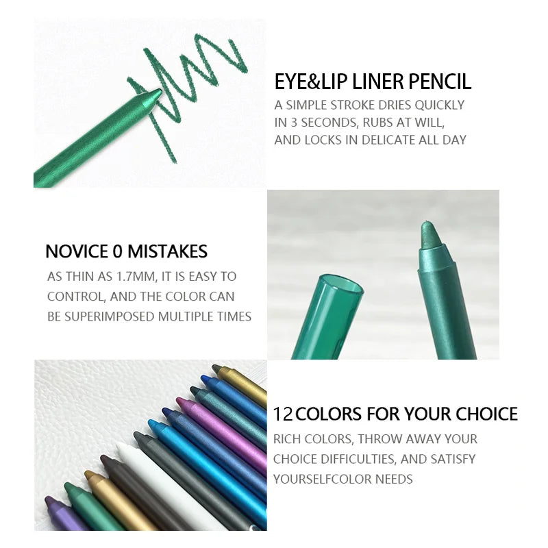 12 Colors Set Glitter & Shimmer Eyeliner Stick Pack - Long-Wearing Blue Tone Eyeliner Pencil with Smooth Application - Versatile