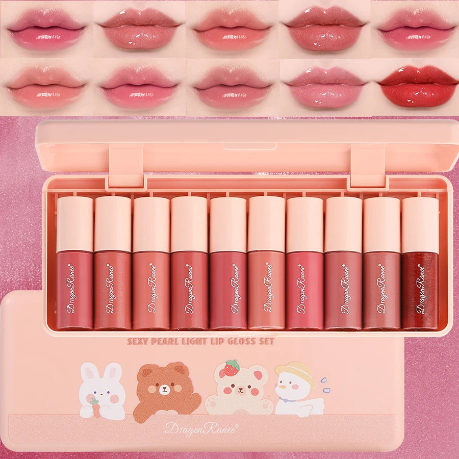Set of 10 Shimmering Lip Glosses, Easy to Apply, Lip Glaze, Lipstick, Non-Stick Cup, Non-Fading, Moisturizing, Shiny Lip Gloss, Glass Lip, Shimmering Pearlescent Lip Gloss Set