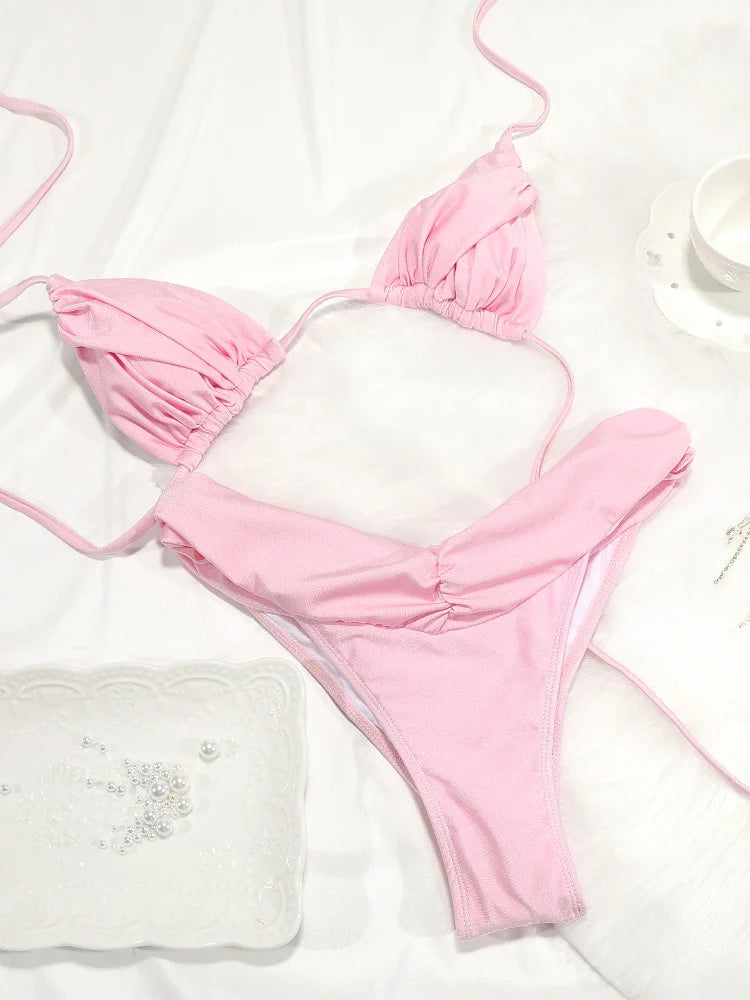 Sexy Folds Bikini Set Solid Micro Bikinis Women Swimsuit Female Triangle Swimwear Beach Wear Bathing Suit