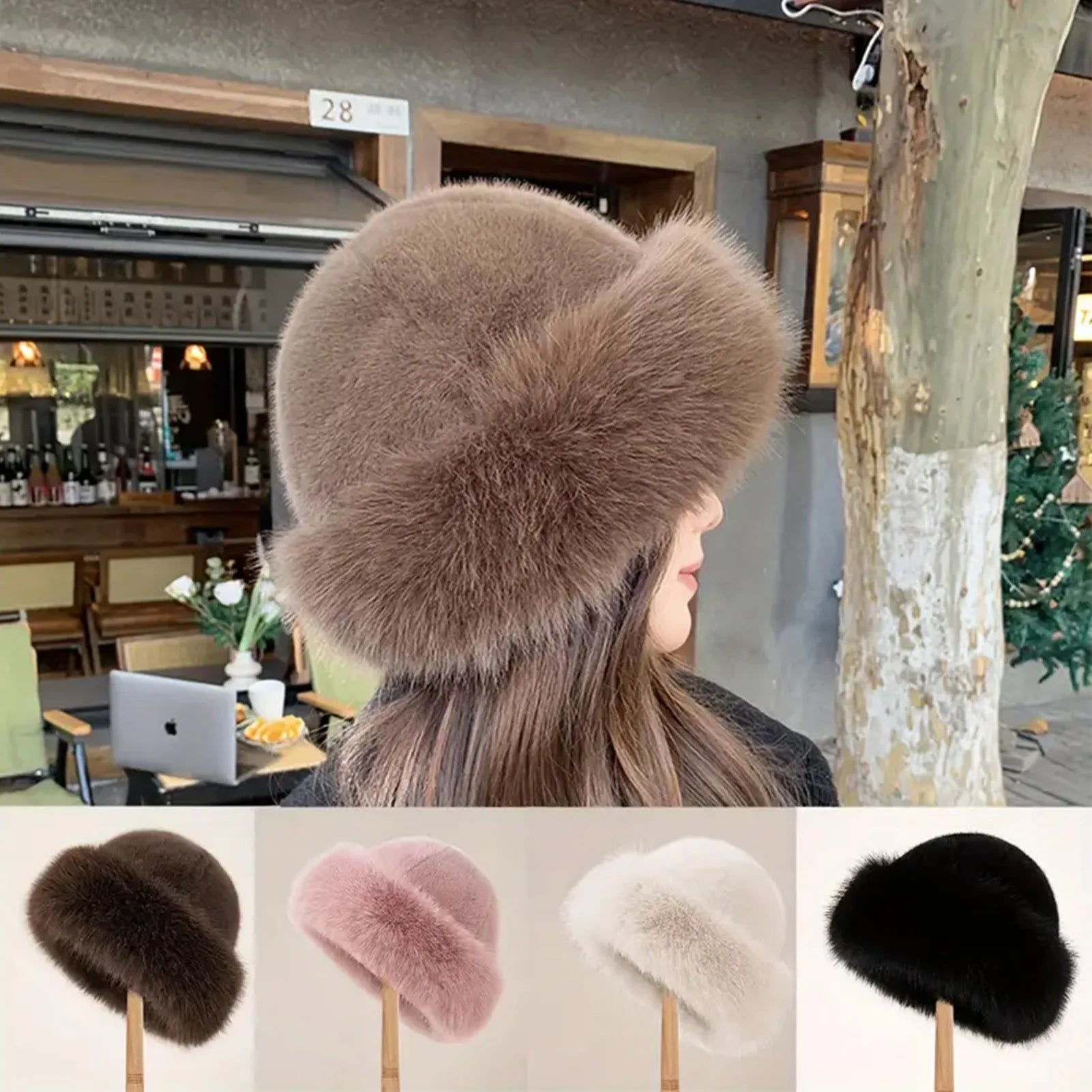 Women Luxury Winter Faux-mink Fur Mongolian Hat Thick Warm Round Top Cold-proof Outdoor Thicken Plush Soft Fashion Snow Caps