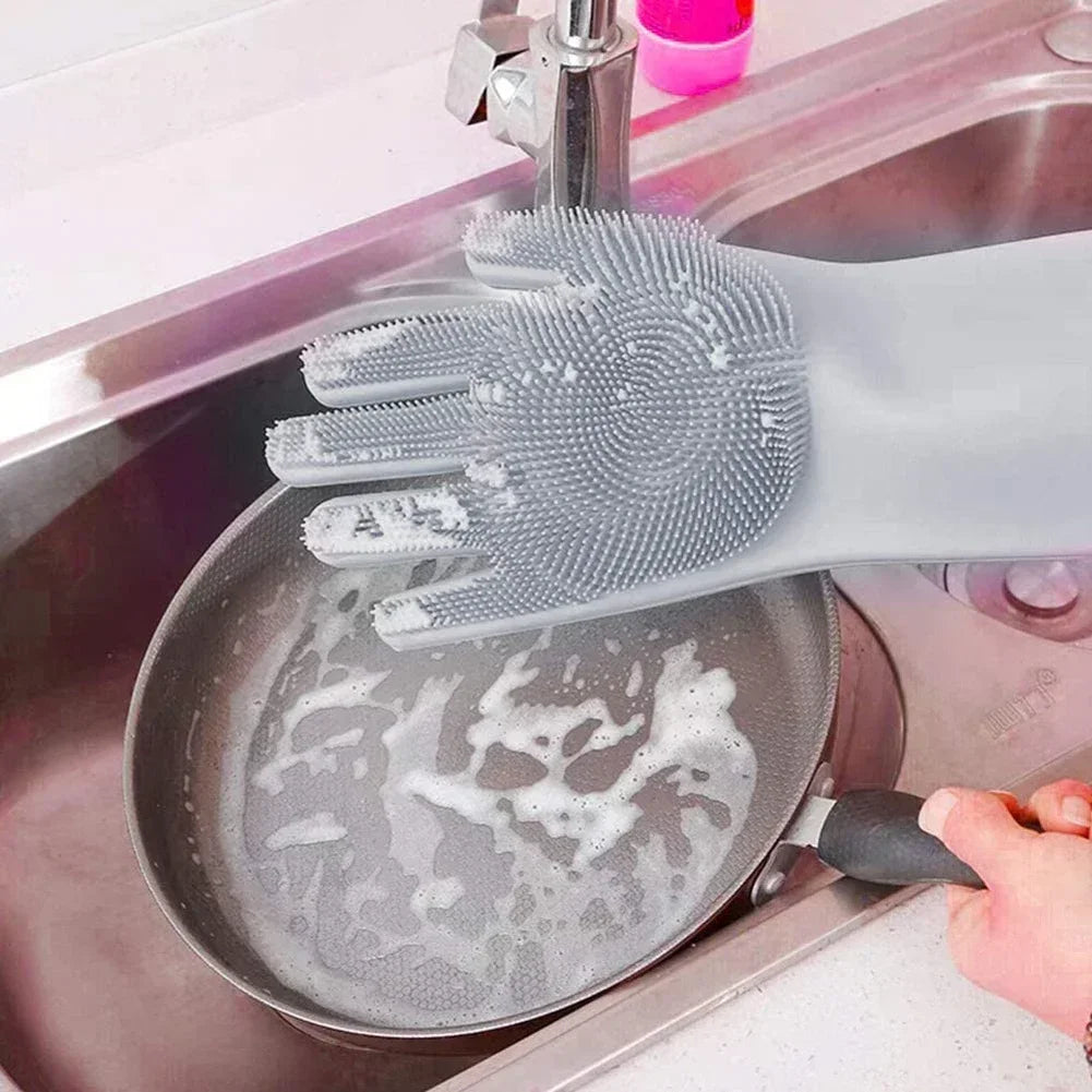 1pc Silicone Dishwashing Gloves Cleaning Gloves Silicone Rubber Sponge Gloves Scrubber Kitchen Cleaning Tools Pet Bath Gloves