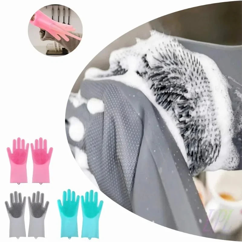 1pc Silicone Dishwashing Gloves Cleaning Gloves Silicone Rubber Sponge Gloves Scrubber Kitchen Cleaning Tools Pet Bath Gloves