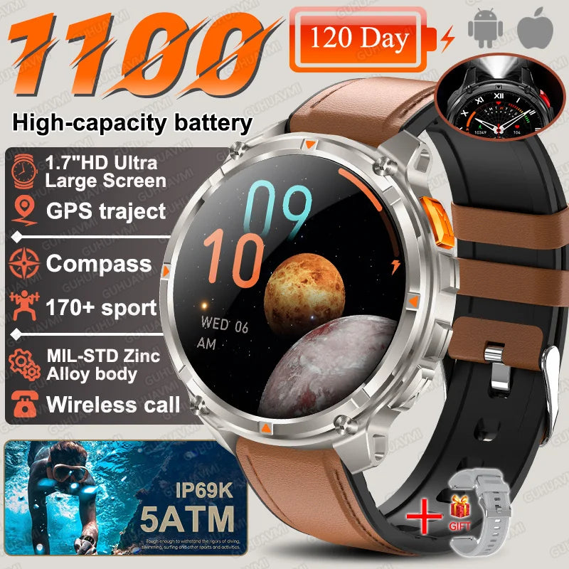 2026 New T-Rex3 Ultra 1100mAh SmartWatch Men 1.7"AMOLED GPS path 5ATM Waterproof Compass LED Flashlight NASA Military Smartwatch