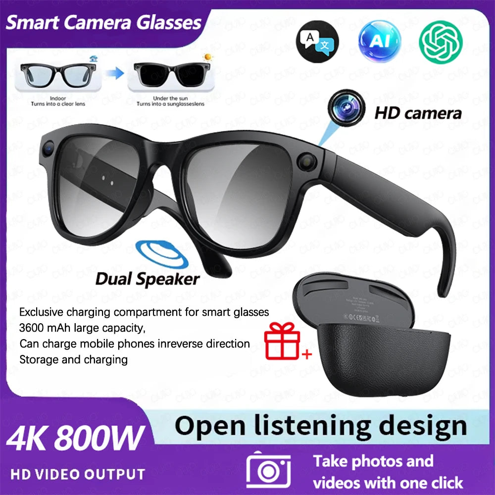 2026 4K HD AI Smart Glasses 32GB Storage 800MP Camera WiFi Transfer BT Call Chat GPT Voice Assistant with 3600mAh Charging Case