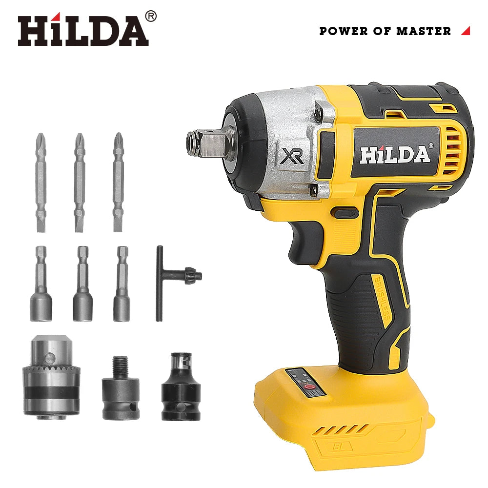 HILDA 1/2" Cordless Impact Wrench Brushless Electric Wrench LED Light Power Tool for Scaffolding Tire Repair for Makita Battery