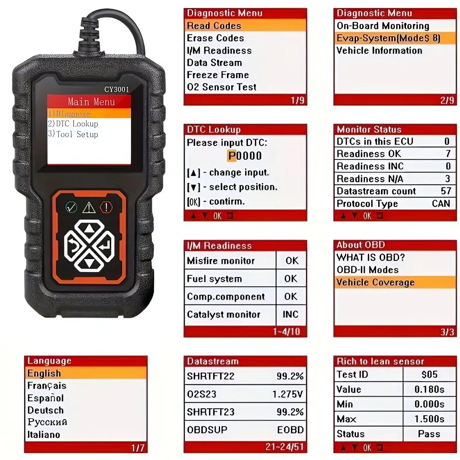 USB Powered Car Diagnostic Tool Engine Code Reader CAN Data Streaming DTC Lookup I/M Readiness Tool for Automotive Repair