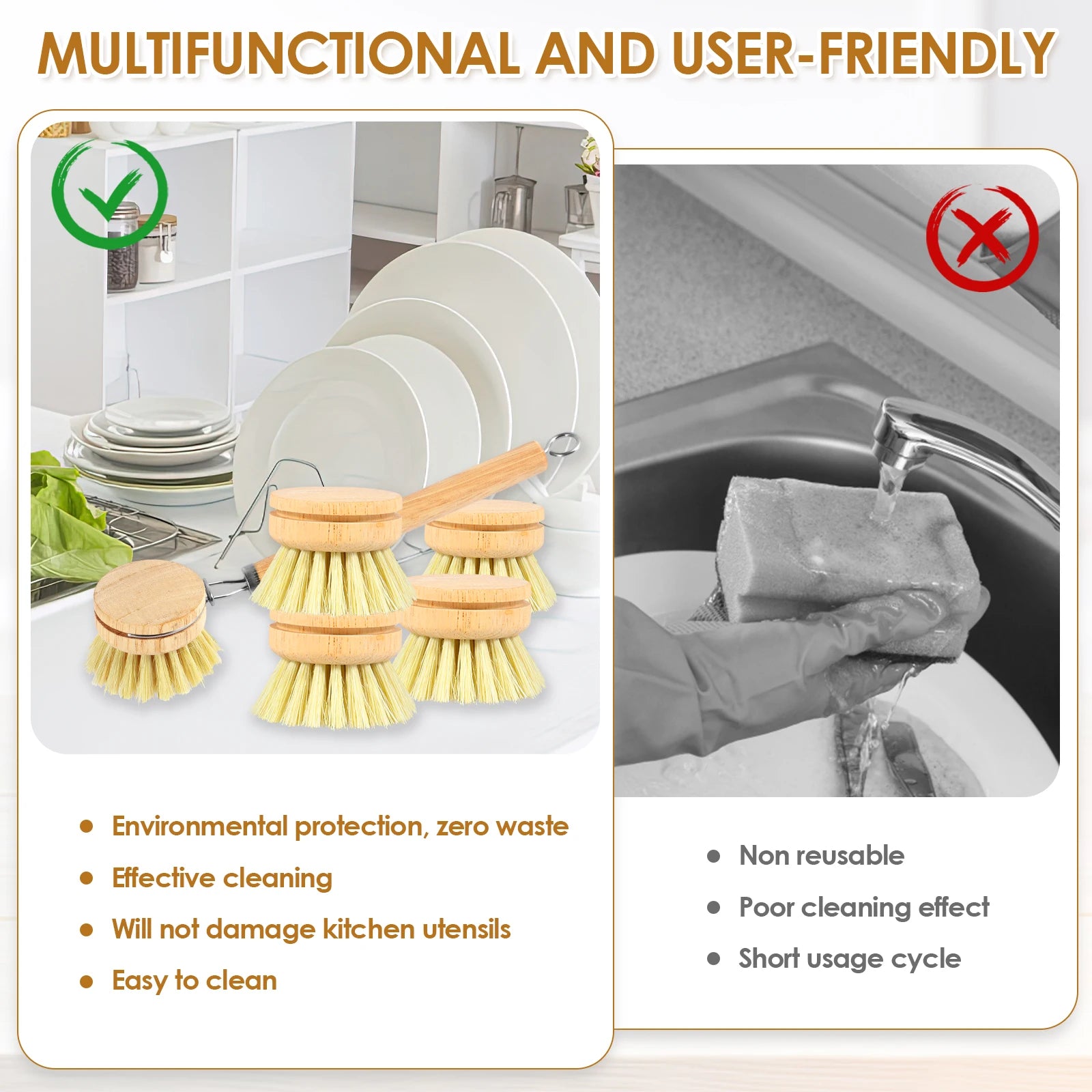 3/4/5/10Pcs Bamboo Dish Scrub Brushes Replaceable Dish Brush Kitchen Cleaning Scrubbers Household Cleaning Brush Wooden Tool