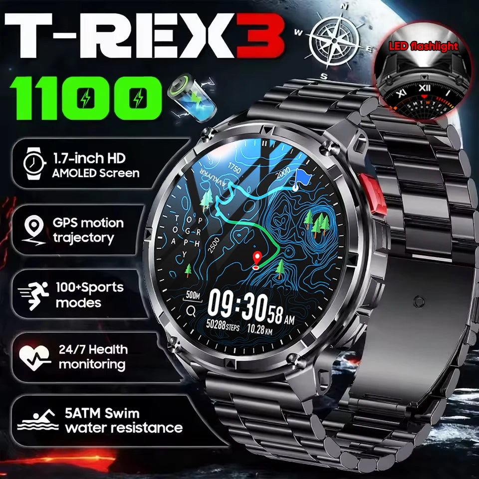 2026 New T-Rex3 Ultra 1100mAh SmartWatch Men 1.7"AMOLED GPS path 5ATM Waterproof Compass LED Flashlight NASA Military Smartwatch