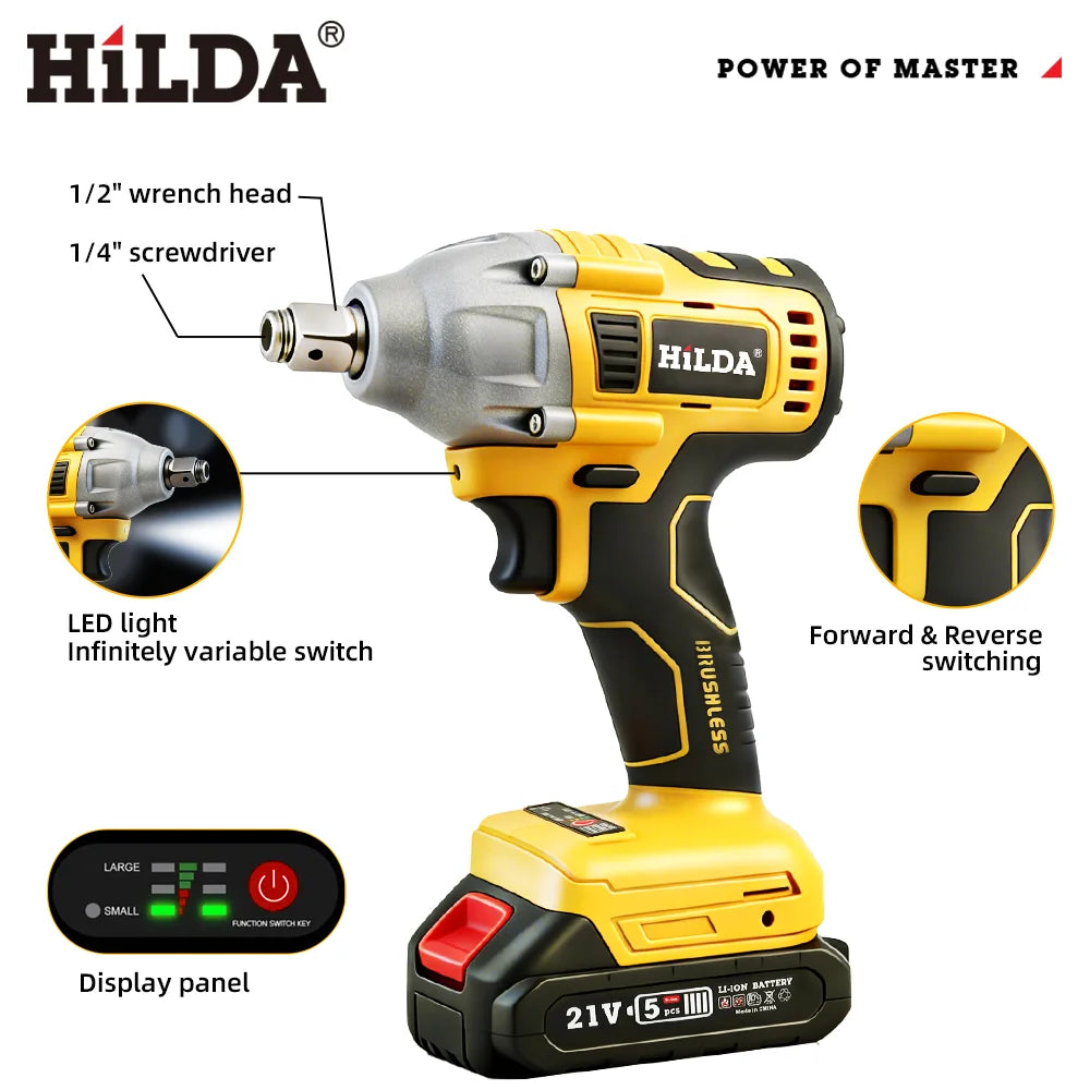 HILDA 1/2" Cordless Impact Wrench Brushless Electric Wrench LED Light Power Tool for Scaffolding Tire Repair for Makita Battery