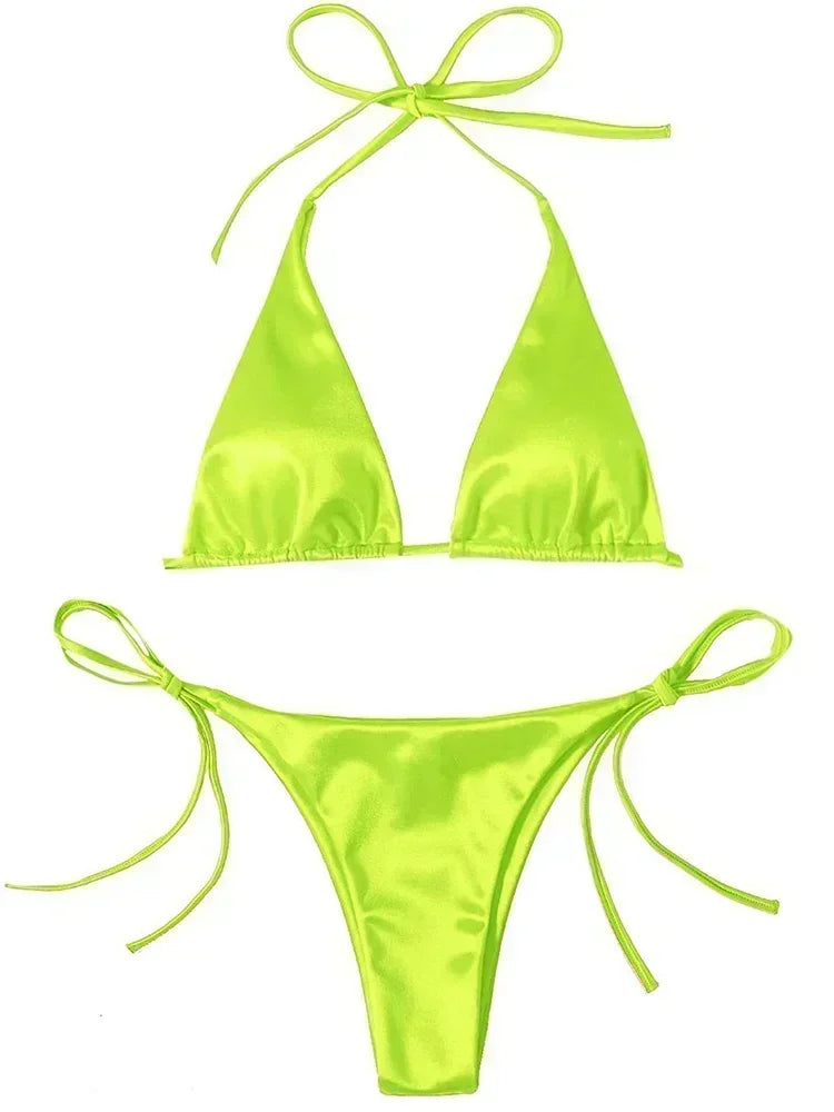 Halter Brazilian Metallic Satin Bikini Women Swimwear Female Swimsuit Two-pieces Bikini Set High Cut Bathing Suit Swim Beachwear