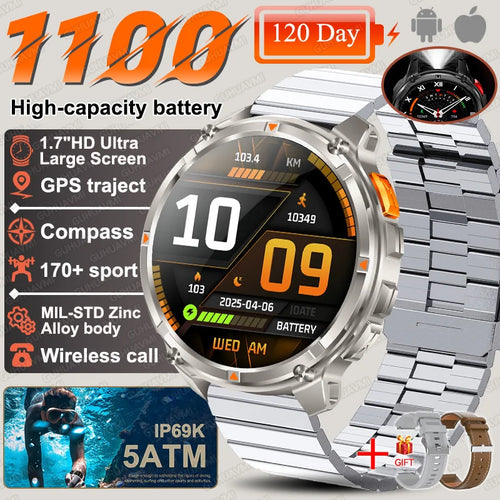 2026 New T-Rex3 Ultra 1100mAh SmartWatch Men 1.7"AMOLED GPS path 5ATM Waterproof Compass LED Flashlight NASA Military Smartwatch