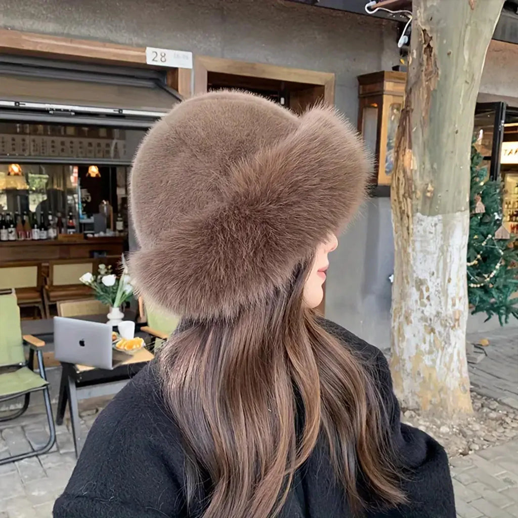 Women Luxury Winter Faux-mink Fur Mongolian Hat Thick Warm Round Top Cold-proof Outdoor Thicken Plush Soft Fashion Snow Caps
