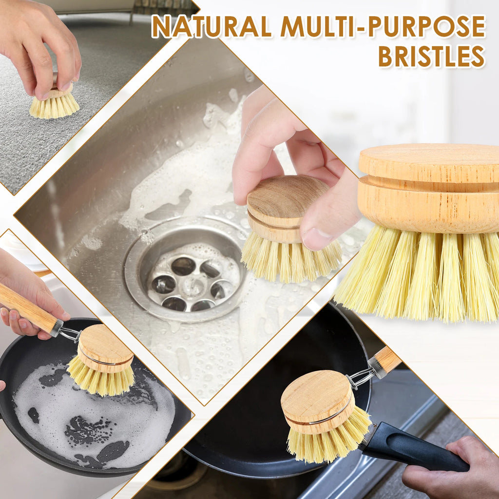 3/4/5/10Pcs Bamboo Dish Scrub Brushes Replaceable Dish Brush Kitchen Cleaning Scrubbers Household Cleaning Brush Wooden Tool