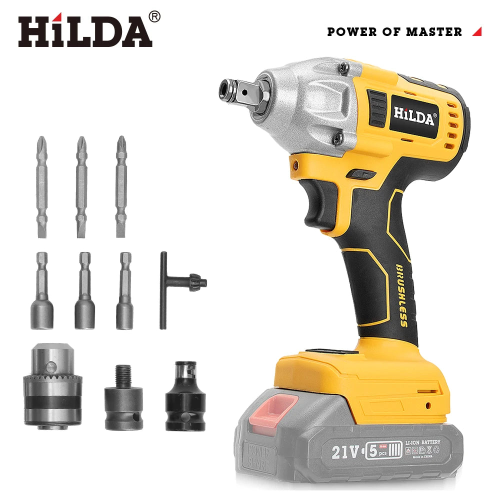 HILDA 1/2" Cordless Impact Wrench Brushless Electric Wrench LED Light Power Tool for Scaffolding Tire Repair for Makita Battery