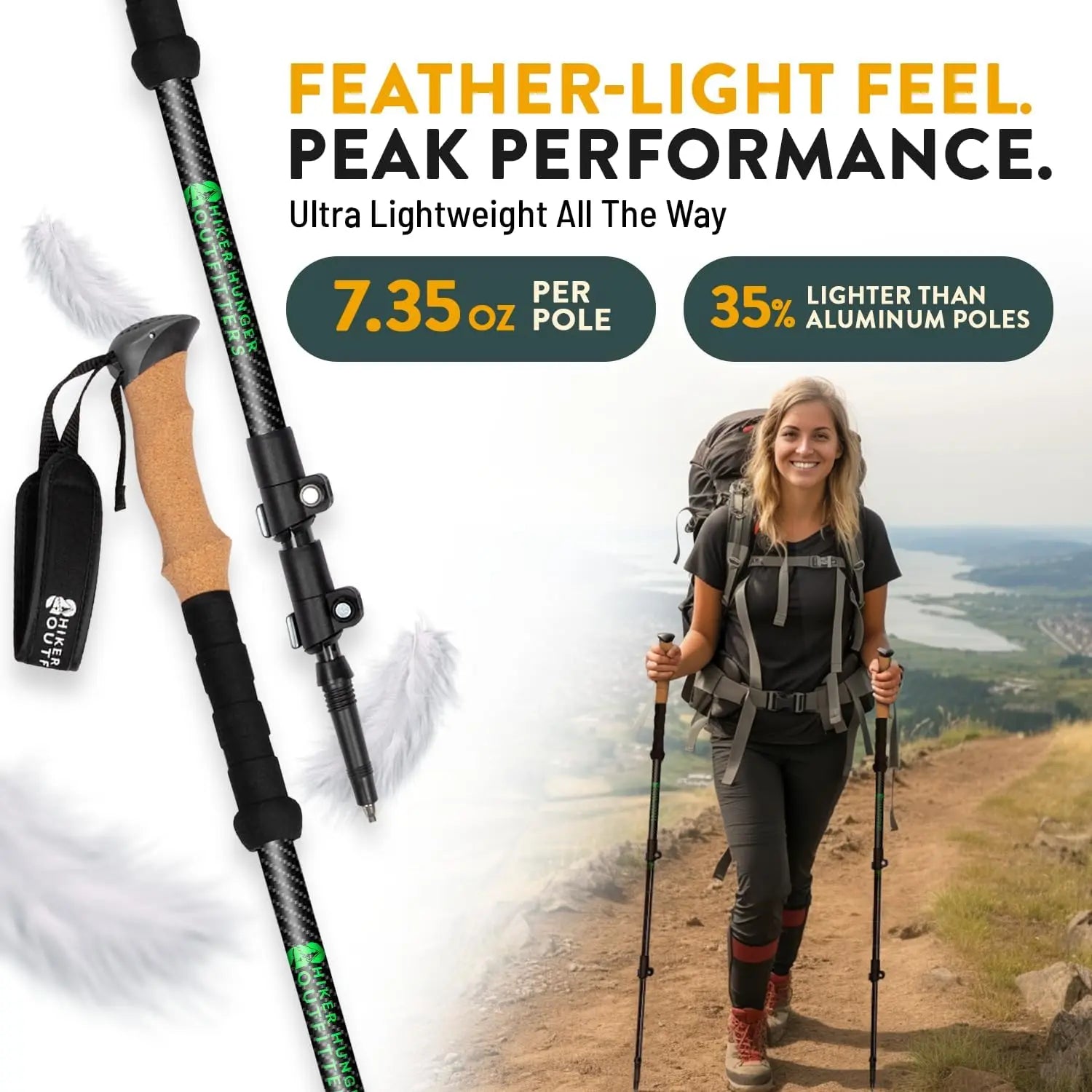 Ultra Light Carbon Fiber Trekking Poles - Cork & EVA Grips, Quick Flip Locks, 24-55" Adjustable
