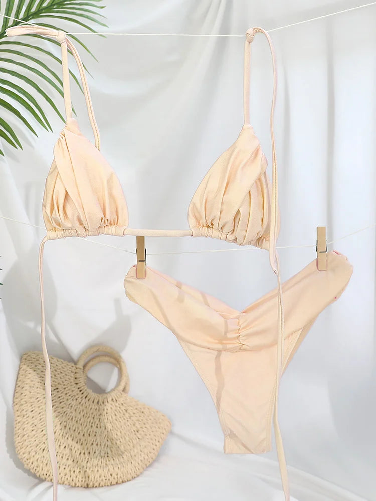Sexy Folds Bikini Set Solid Micro Bikinis Women Swimsuit Female Triangle Swimwear Beach Wear Bathing Suit