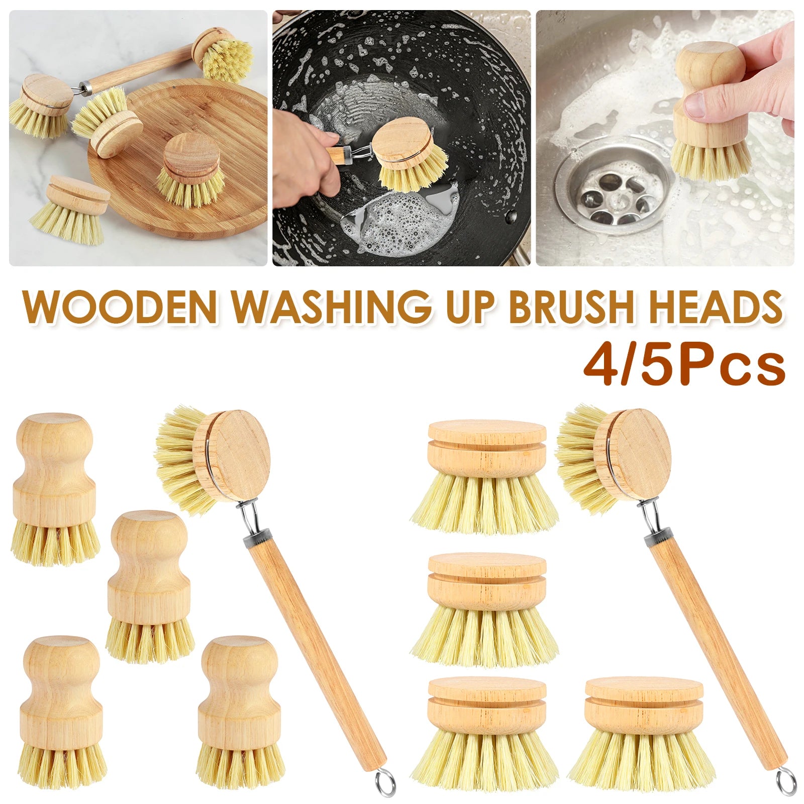 3/4/5/10Pcs Bamboo Dish Scrub Brushes Replaceable Dish Brush Kitchen Cleaning Scrubbers Household Cleaning Brush Wooden Tool