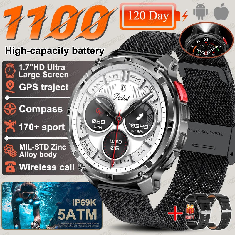 2026 New T-Rex3 Ultra 1100mAh SmartWatch Men 1.7"AMOLED GPS path 5ATM Waterproof Compass LED Flashlight NASA Military Smartwatch