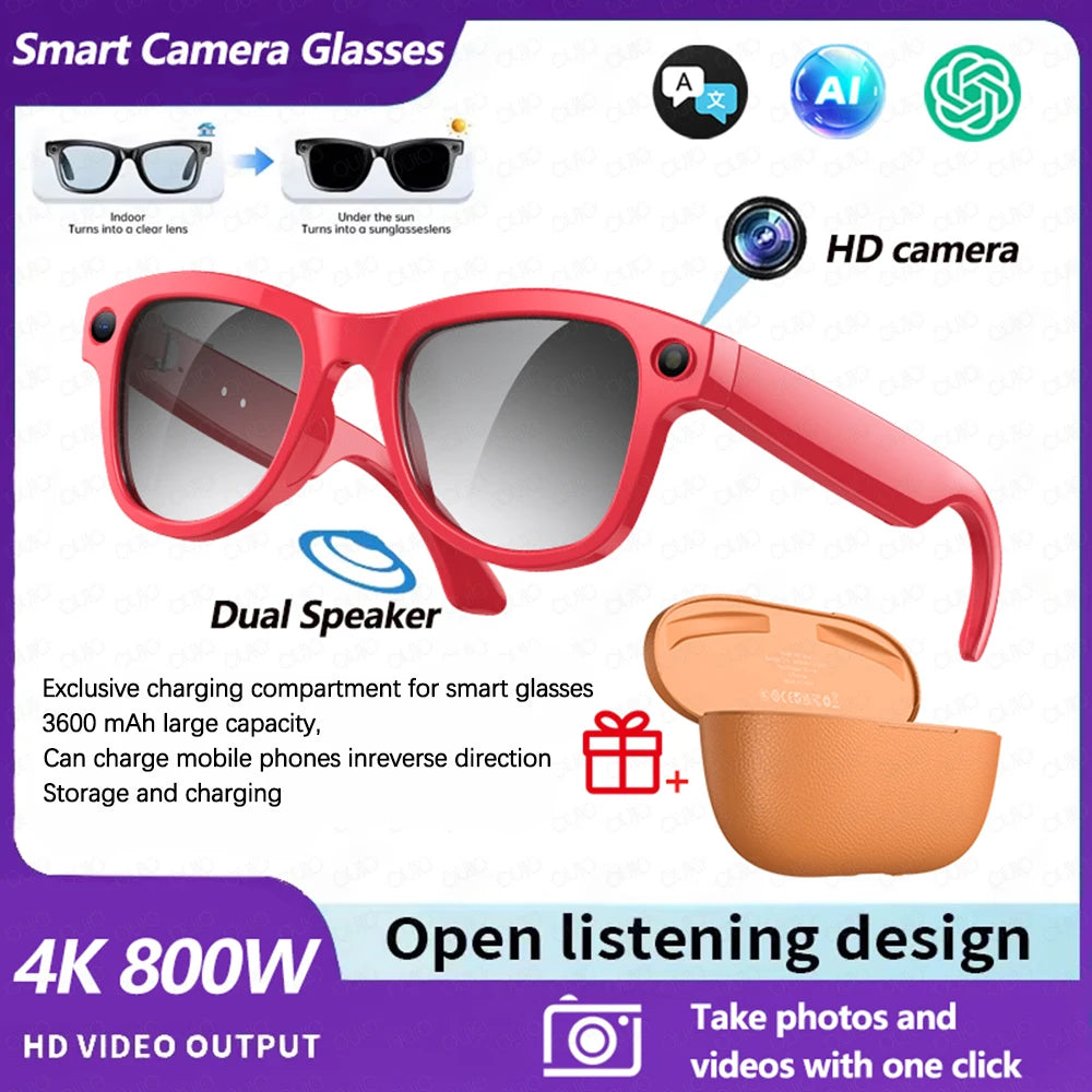 2026 4K HD AI Smart Glasses 32GB Storage 800MP Camera WiFi Transfer BT Call Chat GPT Voice Assistant with 3600mAh Charging Case