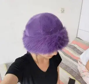 Women Luxury Winter Faux-mink Fur Mongolian Hat Thick Warm Round Top Cold-proof Outdoor Thicken Plush Soft Fashion Snow Caps