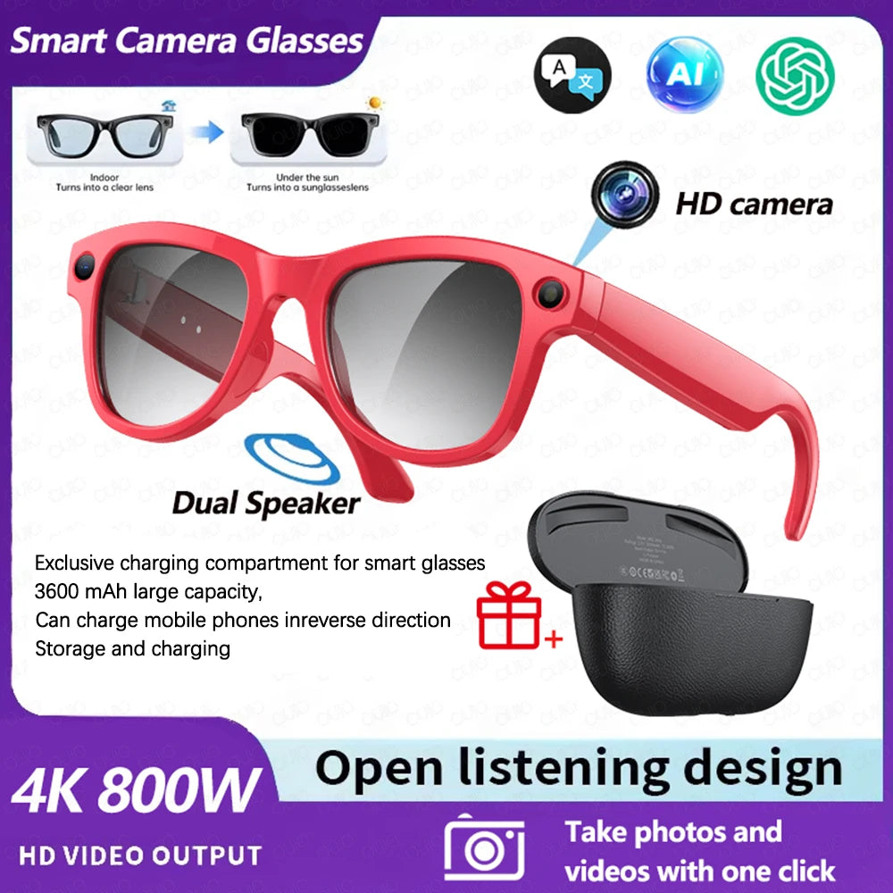 2026 4K HD AI Smart Glasses 32GB Storage 800MP Camera WiFi Transfer BT Call Chat GPT Voice Assistant with 3600mAh Charging Case