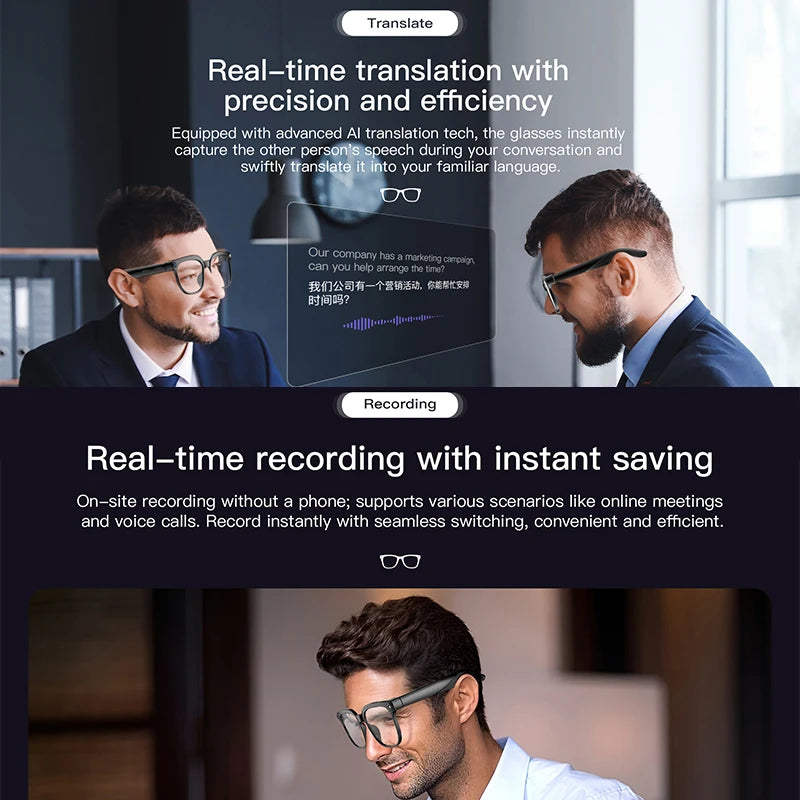 800W Pixel Smart Camera Glasses Wireless Communication Dual Speakers AI Translation Voice Assistant Bluetooth 5.4 Smart Glasses
