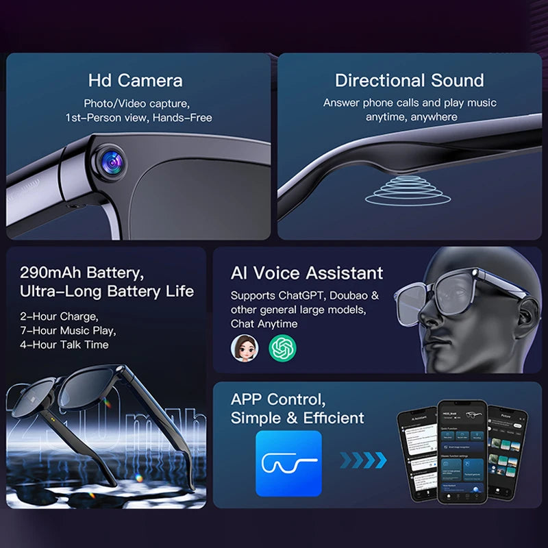 800W Pixel Smart Camera Glasses Wireless Communication Dual Speakers AI Translation Voice Assistant Bluetooth 5.4 Smart Glasses
