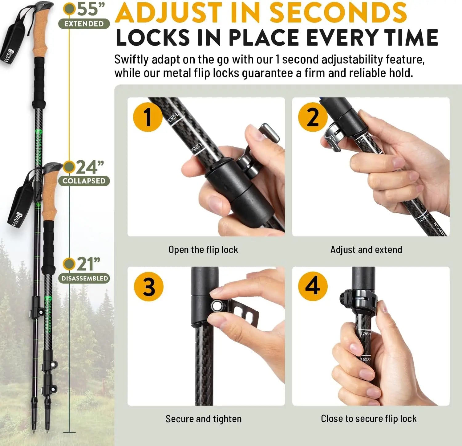 Ultra Light Carbon Fiber Trekking Poles - Cork & EVA Grips, Quick Flip Locks, 24-55" Adjustable